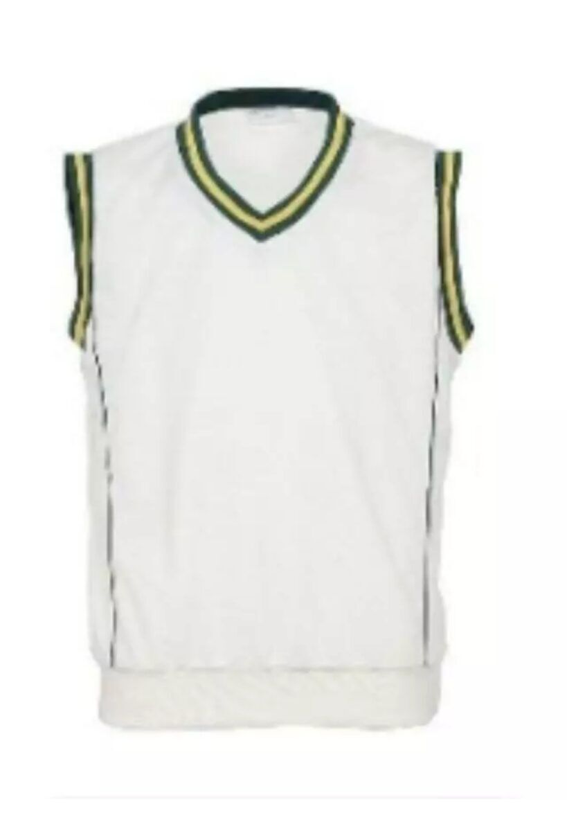 Classic White V-Neck Sweater Vest with Green & Yellow Trim